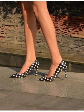 YDN Black Polka Dot Pointed Closed Toe Mid Heel Pumps Slip on Slide Dress Shoe